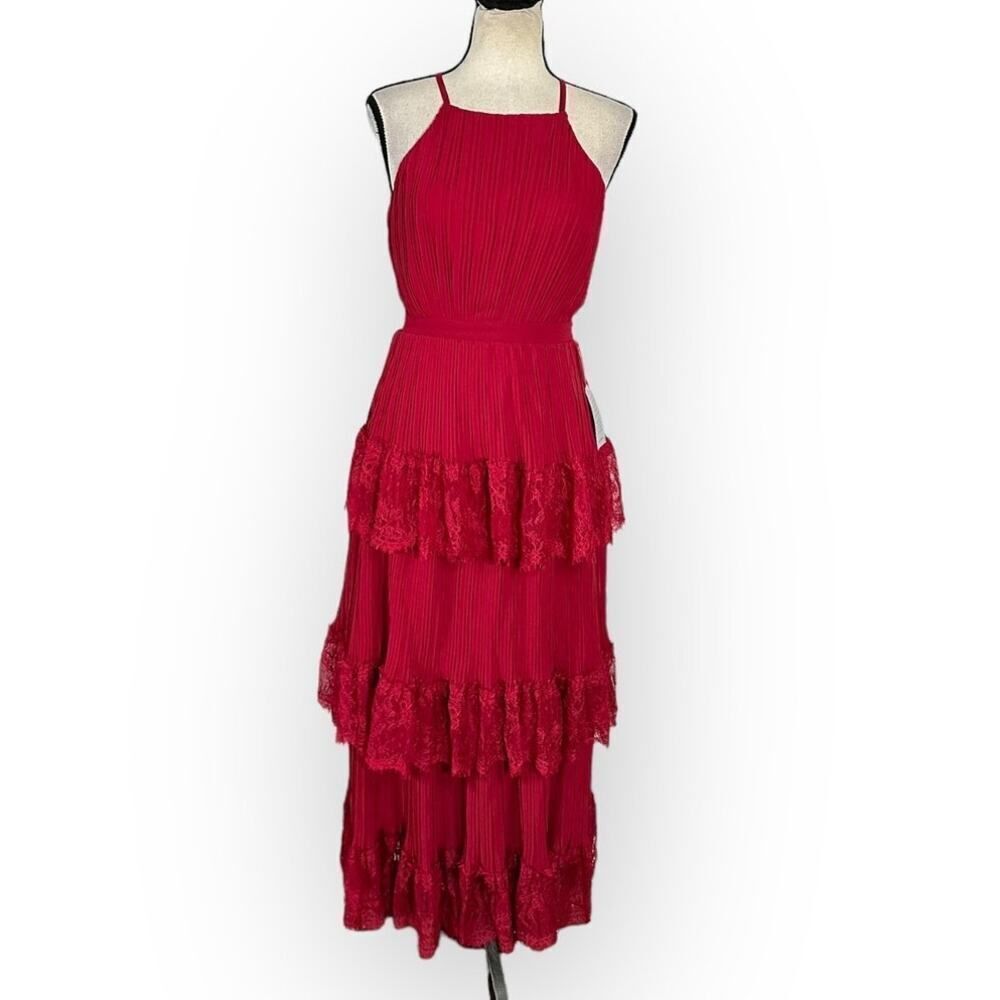 Lulus Came for Cocktails Midi Dress Women's Small Red Lace Tiered Sleeveless - Picture 3 of 11